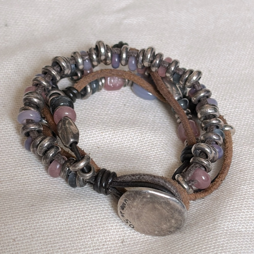 Uno de 50 Silver Leather Heather Pink Lavender Multi-strand Bracelet - Picture 2 of 6